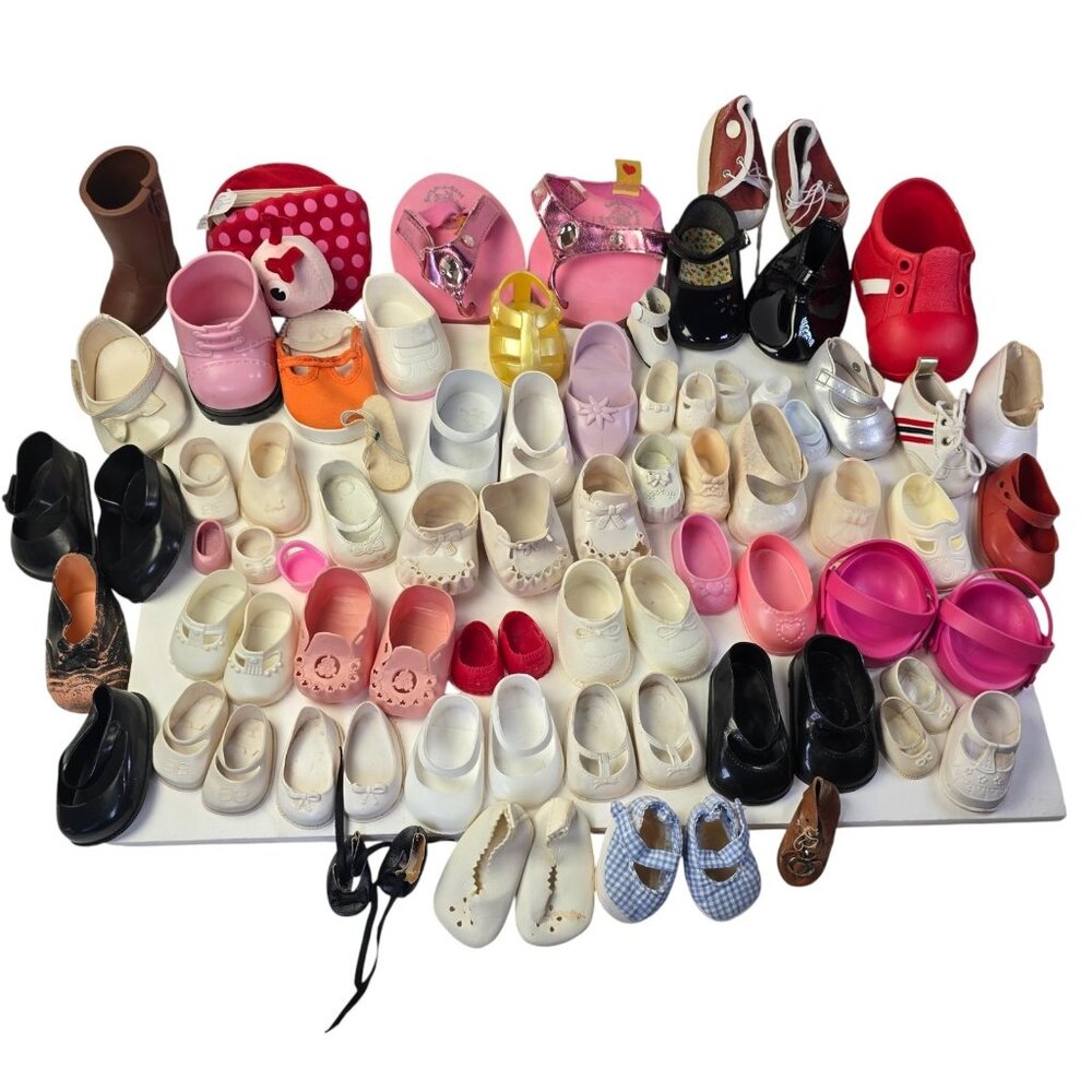 Vintage Doll Shoe Lot of 62 Shoes 16 Pair 46 Singles Mismatch White Black Pink